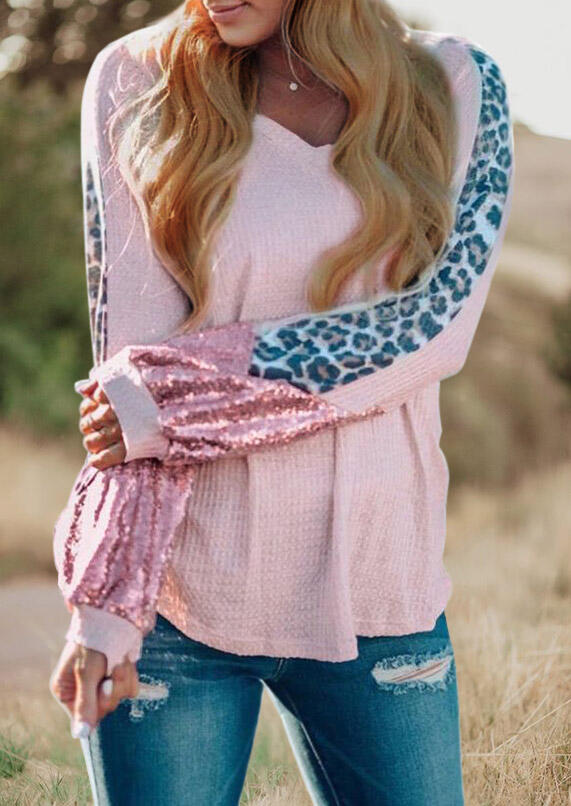 

Blouses Sequined Leopard Splicing Long Sleeve Blouse in Pink. Size: ,XL