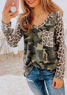 Camouflage Leopard Pocket Splicing Long Sleeve Blouse