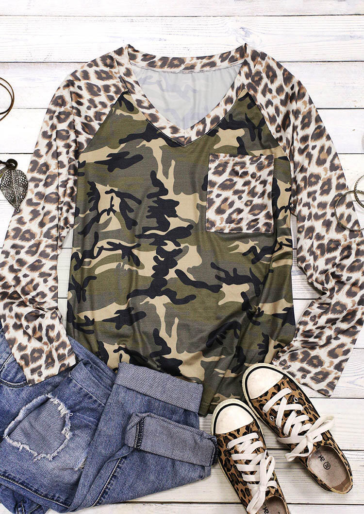 

Blouses Camouflage Leopard Pocket Splicing Long Sleeve Blouse in Camouflage. Size: S,M,L