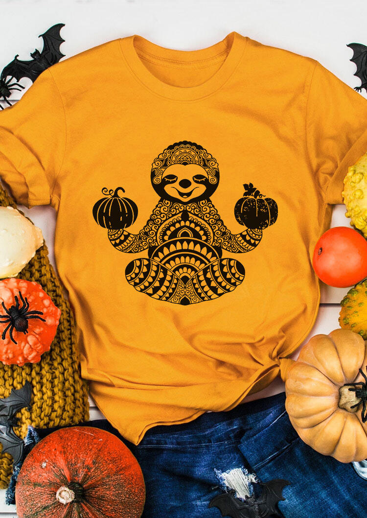 

Tees T-shirts Halloween Pumpkin Sloth Mandala T-Shirt Tee in Yellow. Size