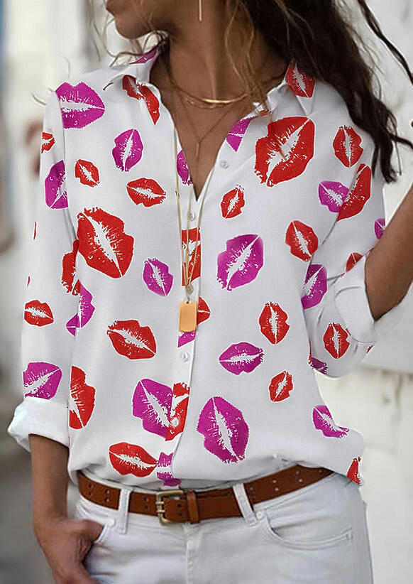 

Colorful Lips Button Long Sleeve Shirt - White, 486604