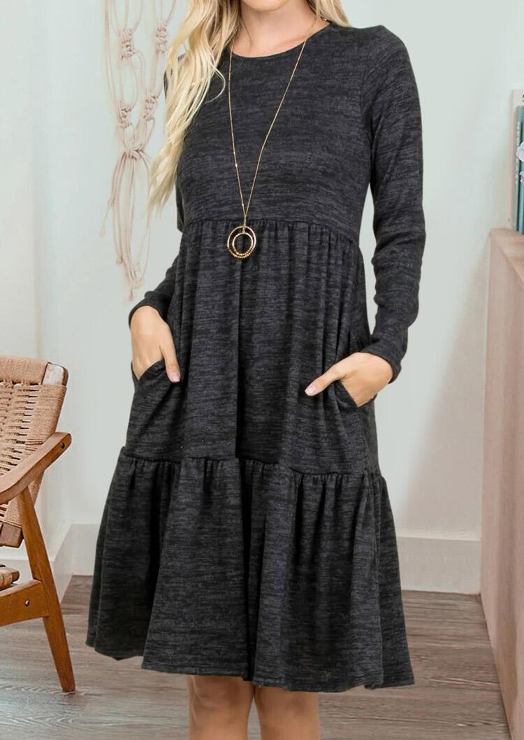 

Ruffled Pocket Long Sleeve Mini Dress - Dark Grey, 486607