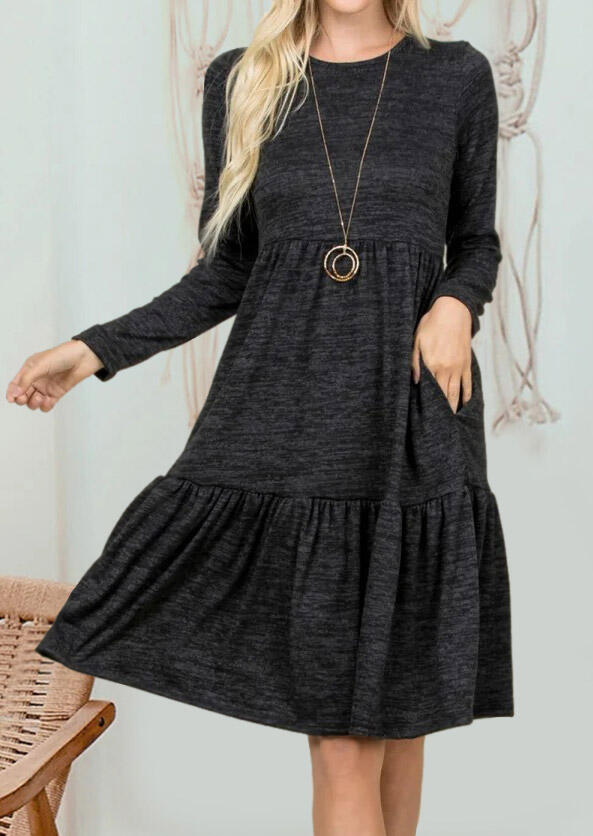 

Mini Dresses Ruffled Pocket Long Sleeve Mini Dress in Dark Grey. Size