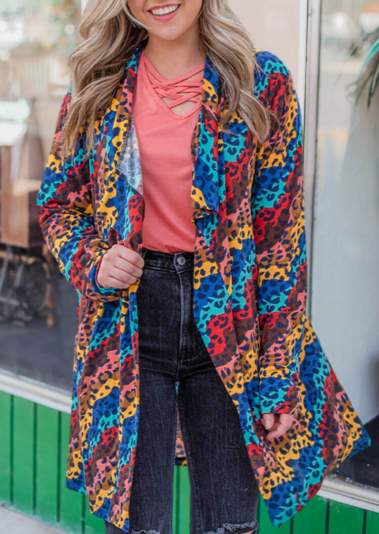

Cardigans Colorful Leopard Pocket Long Sleeve Cardigan in Multicolor. Size: S,M,,XL