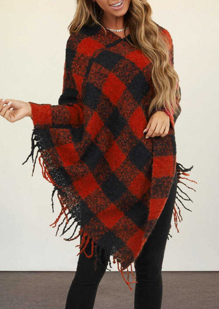 

Capes Buffalo Plaid Tassel V-Neck Shawl Cape in Plaid. Size