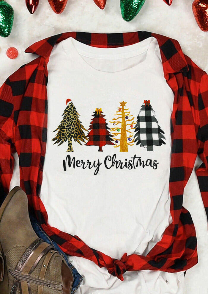 

T-shirts Tees Merry Christmas Leopard Plaid Tree T-Shirt Tee in White. Size: ,M