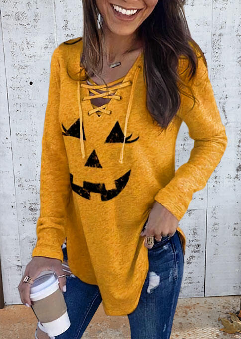 

Halloween Pumpkin Face Lace Up Blouse - Yellow, 486639