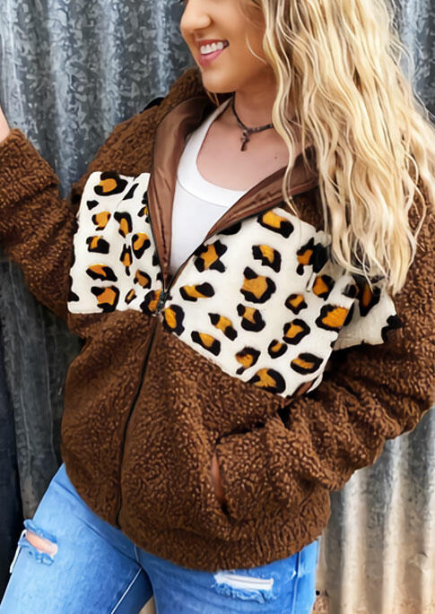 Leopard Splicing Pocket Zipper Drawstring Fleece Coat - Brown