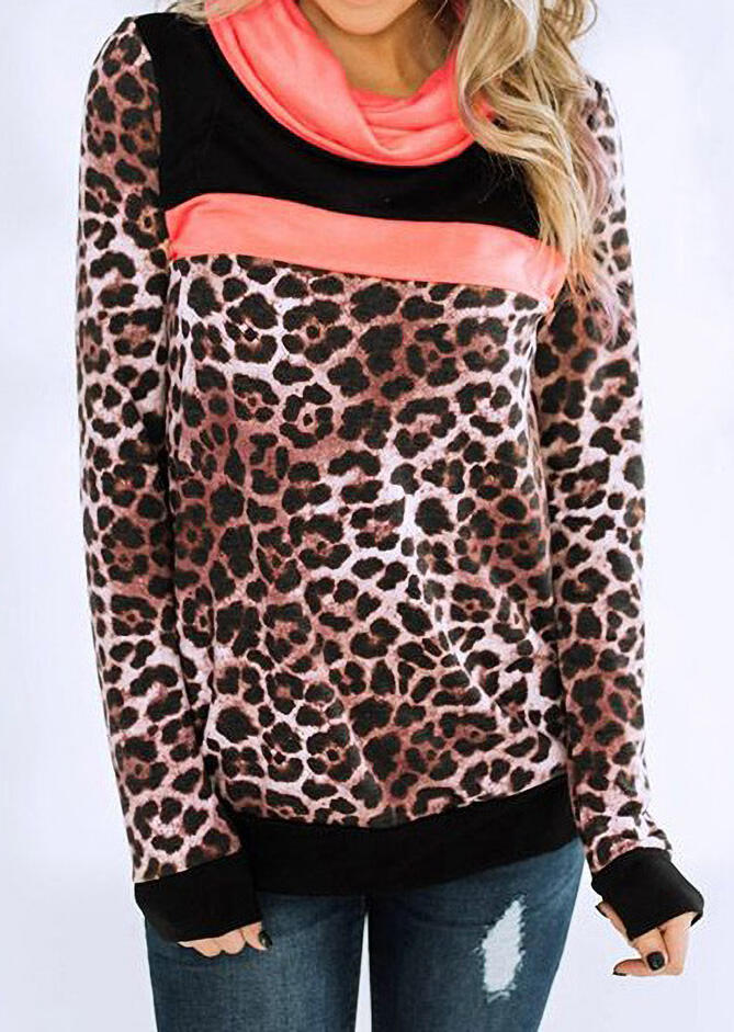 

Leopard Splicing Color Block Cowl Neck Sweatshirt, 486476