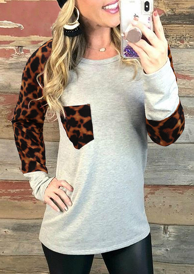 

Blouses Leopard Splicing Pocket Long Sleeve Blouse in Light Grey. Size