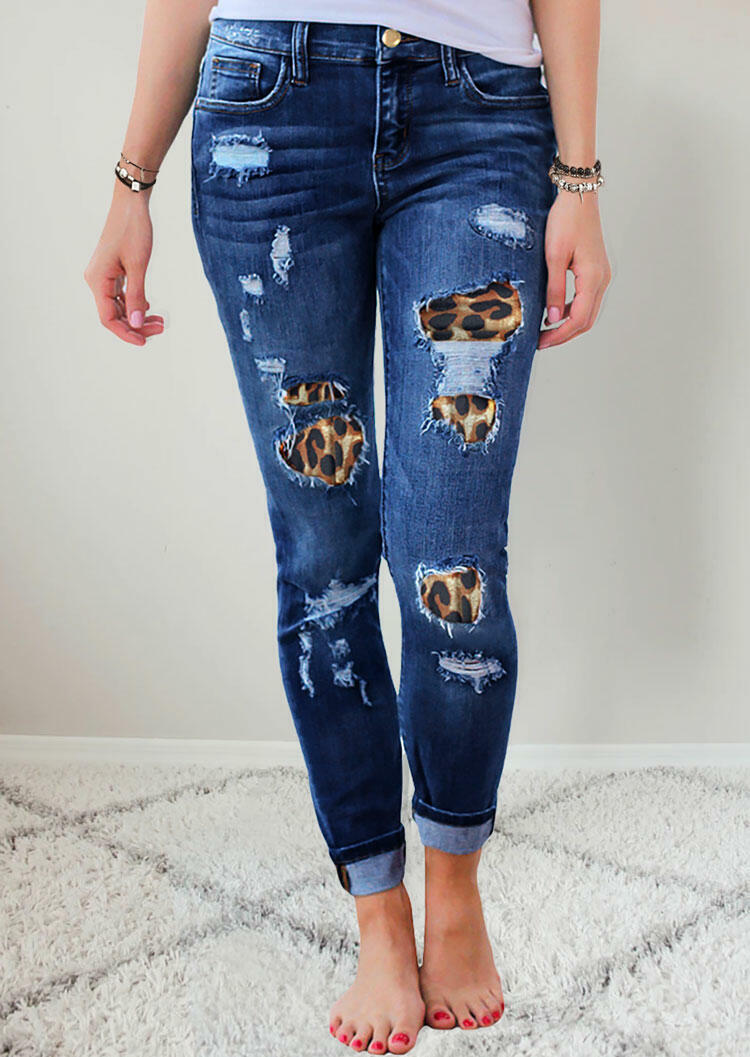 

Pants Ripped Leopard Patch Pocket High Waist Skinny Jeans in Black. Size
