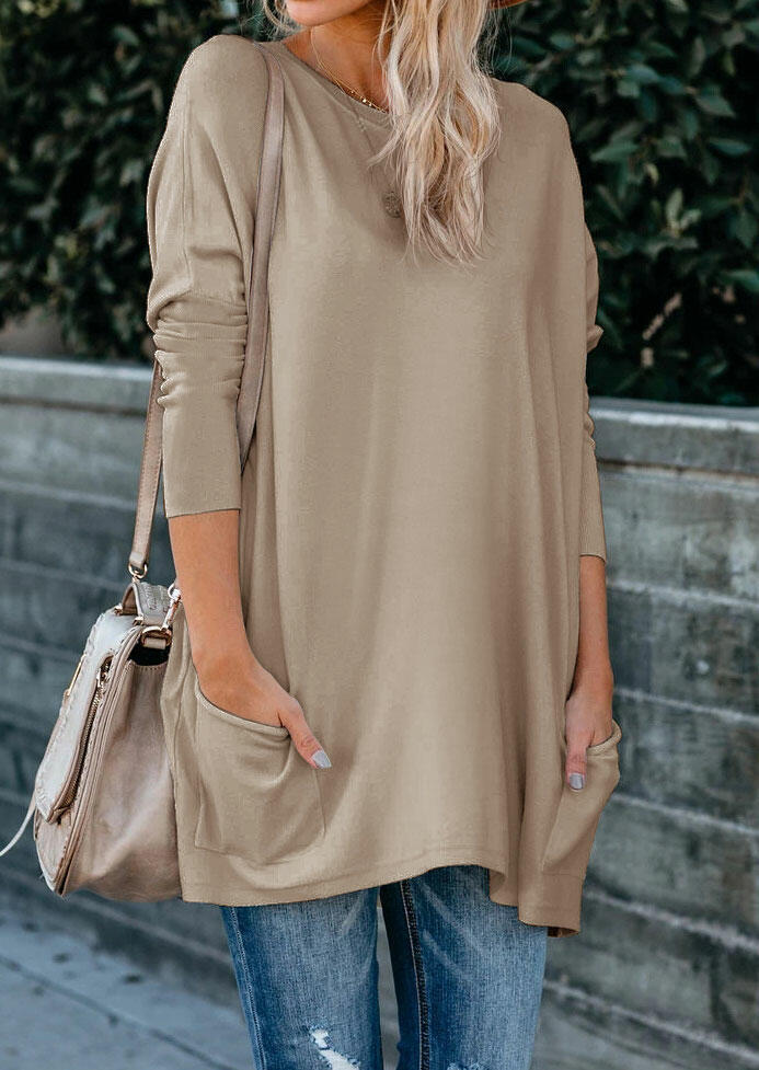 Pocket O-Neck Long Sleeve Blouse - Khaki