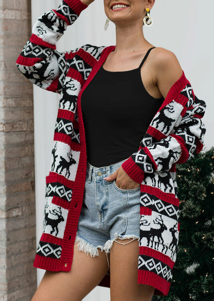 

Christmas Reindeer Button Pocket Knitted Long Sweater Cardigan, Multicolor, 486654