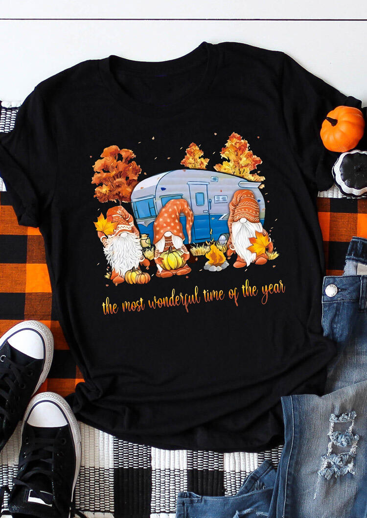 

Gnomies Pumpkin Maple Leaf Wonderful Time T-Shirt Tee - Black, 486680