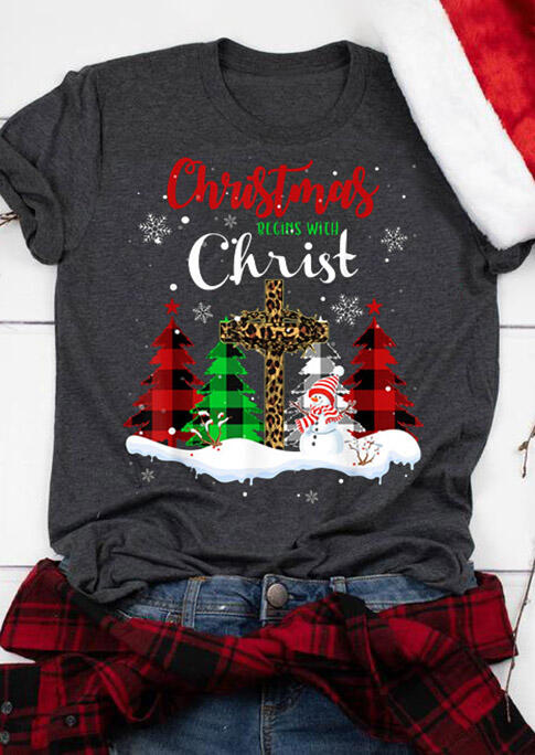 

T-shirts Tees Christmas Begins With Christ Plaid Tree Leopard Cross T-Shirt Tee in Dark Grey. Size