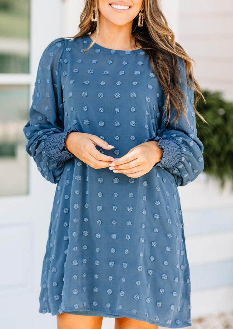 

Dotted Swiss Elastic Cuff Zipper Casual Mini Dress - Blue, 486701