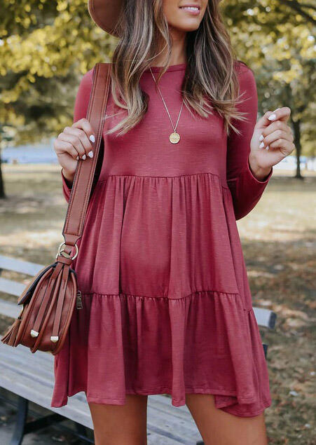 

Ruffled O-Neck Long Sleeve Mini Dress - Red, 486714