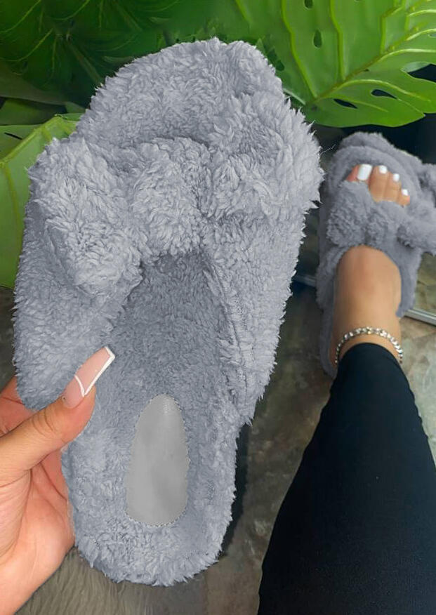 

Winter Warm Plush Bowknot Flat Slippers - Gray, 483207