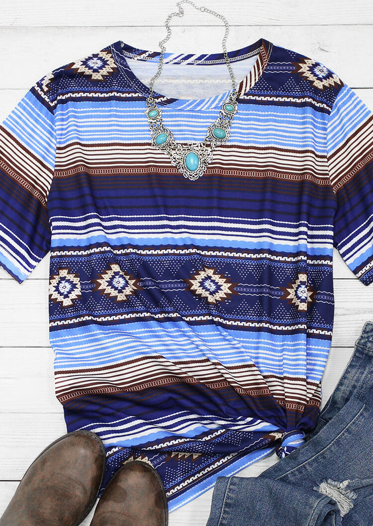 

T-shirts Tees Aztec Geometric Striped O-Neck T-Shirt Tee in Multicolor. Size