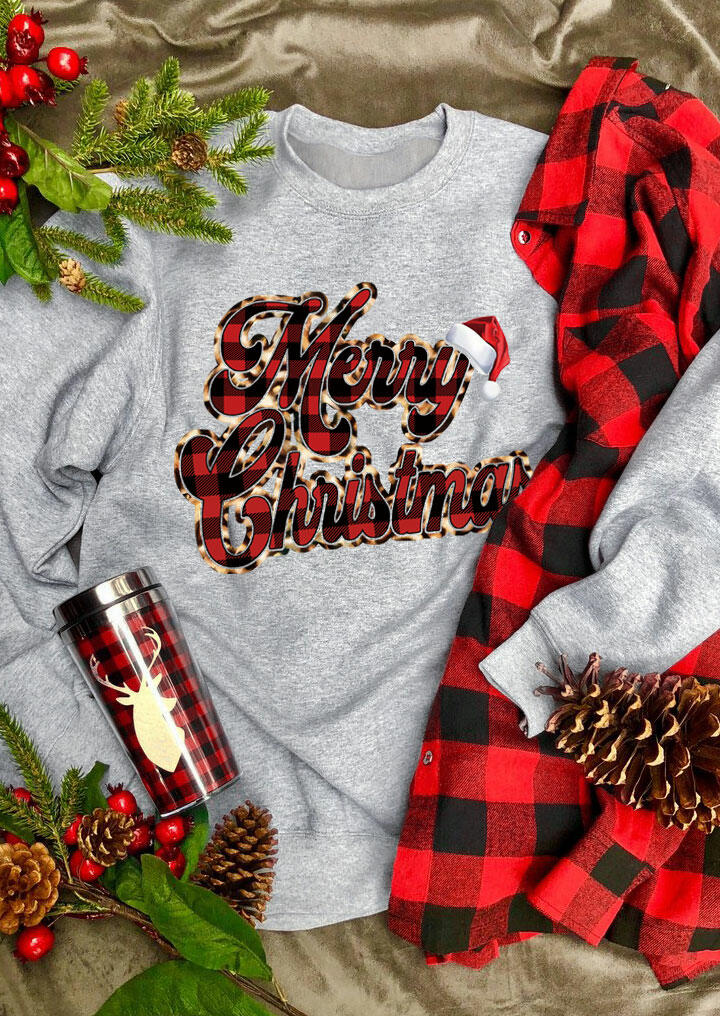 

Sweatshirts Merry Christmas Leopard Buffalo Plaid Pullover Sweatshirt in Gray. Size: ,M