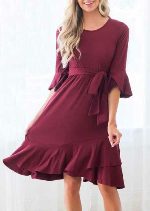 

Casual Dresses Ruffled Flare Sleeve O-Neck Casual Dress in Burgundy. Size