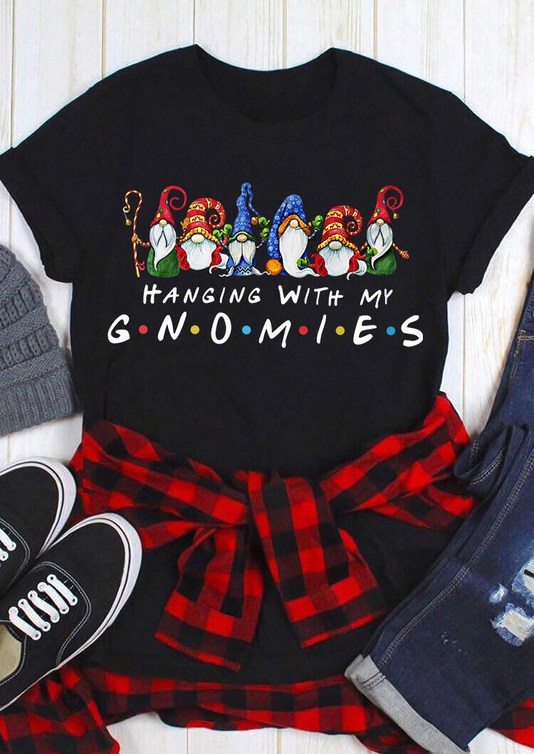 

Hanging with My Gnomies Printed T-shirt Christmas Casual Tops Gift for Her in Black. Size