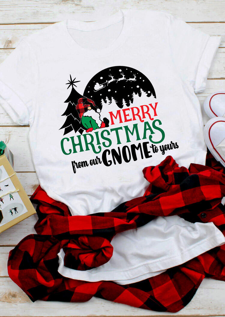 Merry Christmas From Our Gnome to Yours Plaid T-Shirt Tee - White