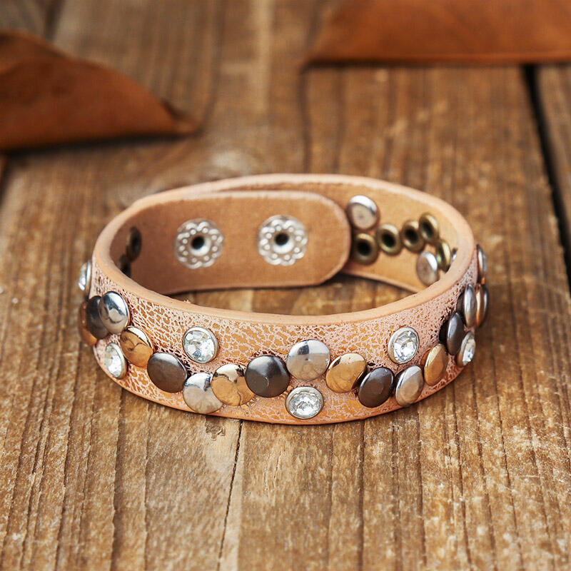 

Adjustable Button Rhinestone Punk PU Leather Bracelet, Black;light pink, 486733