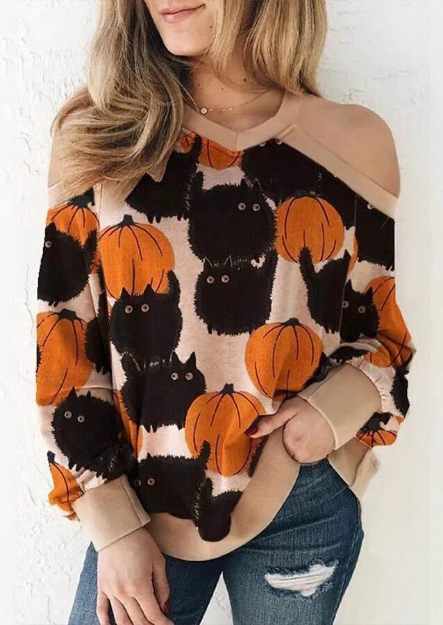 

Halloween Pumpkin Black Cat Cold Shoulder Blouse, Multicolor, 486741