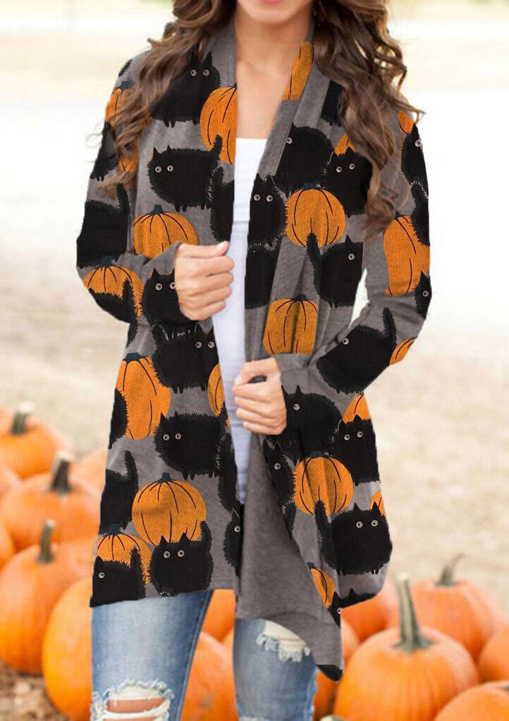 

Halloween Pumpkin Black Cat Long Sleeve Cardigan, Multicolor, 486742