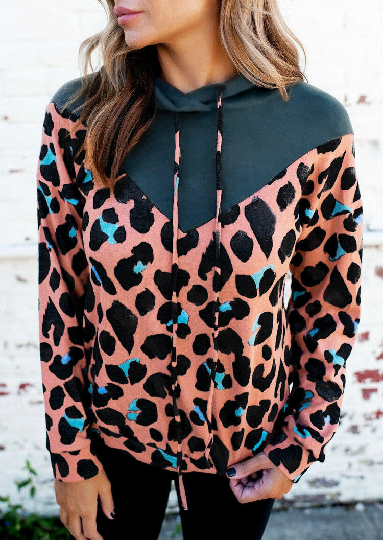 

Hoodies Colorful Leopard Splicing Drawstring Pullover Hoodie in Leopard. Size