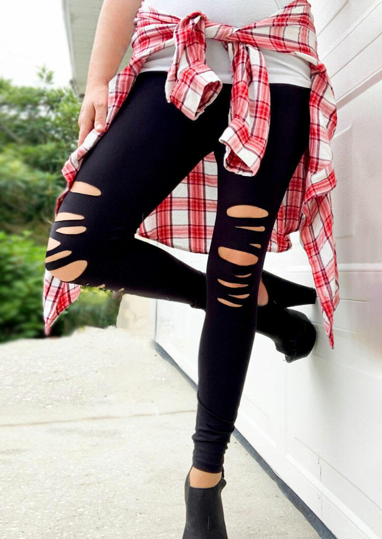 

Hollow Out Elastic Waist Leggings - Black, 486767