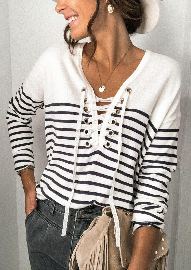 

Striped Lace Up V-Neck Long Sleeve Blouse, Stripe, 486781