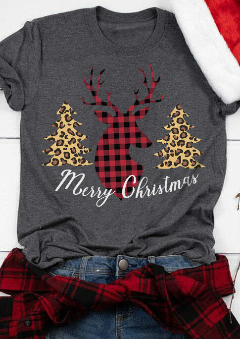 Merry Christmas Leopard Trees Buffalo Plaid Reindeer T-Shirt Tee - Dark Grey