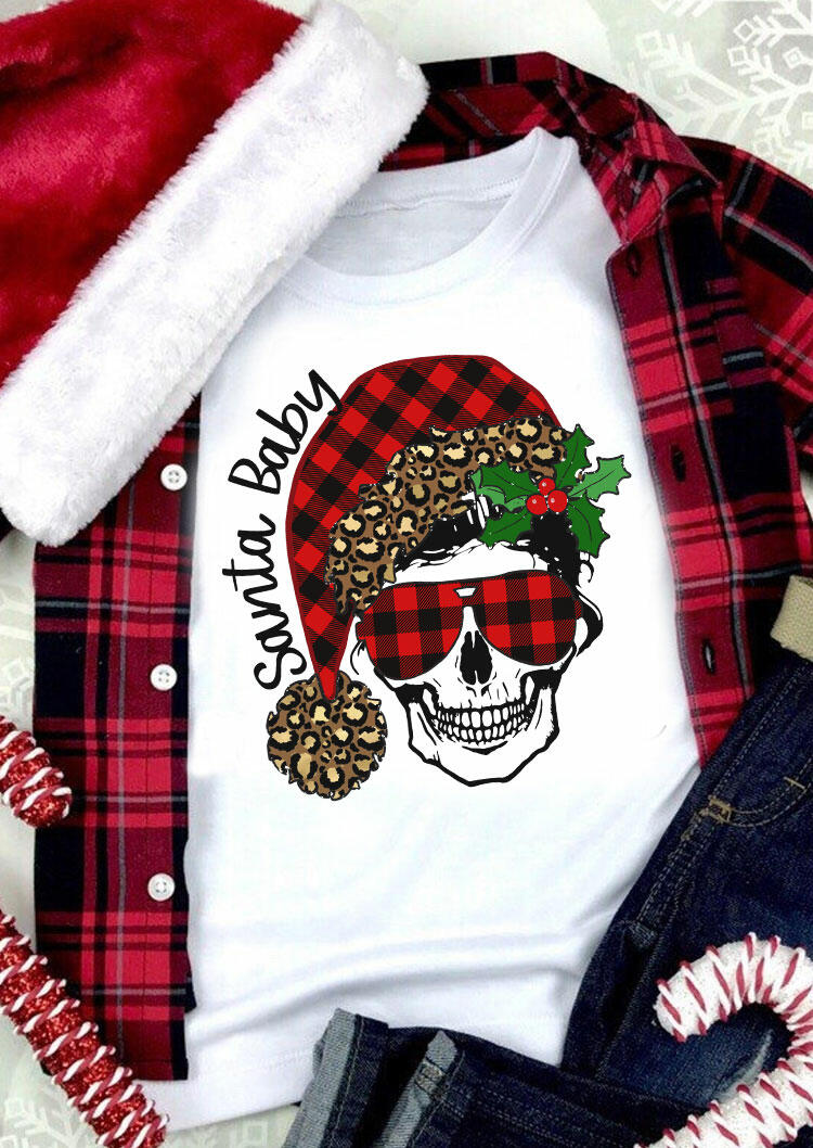 Christmas Santa Baby Leopard Plaid Skull T-Shirt Tee - White