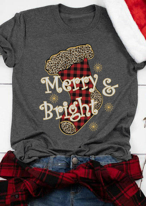 

Christmas Plaid Leopard Merry & Bright Sock T-Shirt Tee - Dark Grey, Light grey, 486790