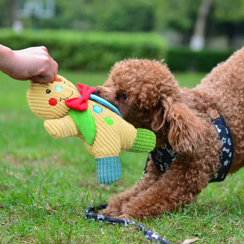 

Pet Products Christmas Plush Gingerbread Man Pet Chew Squeaker Toy in Yellow. Size