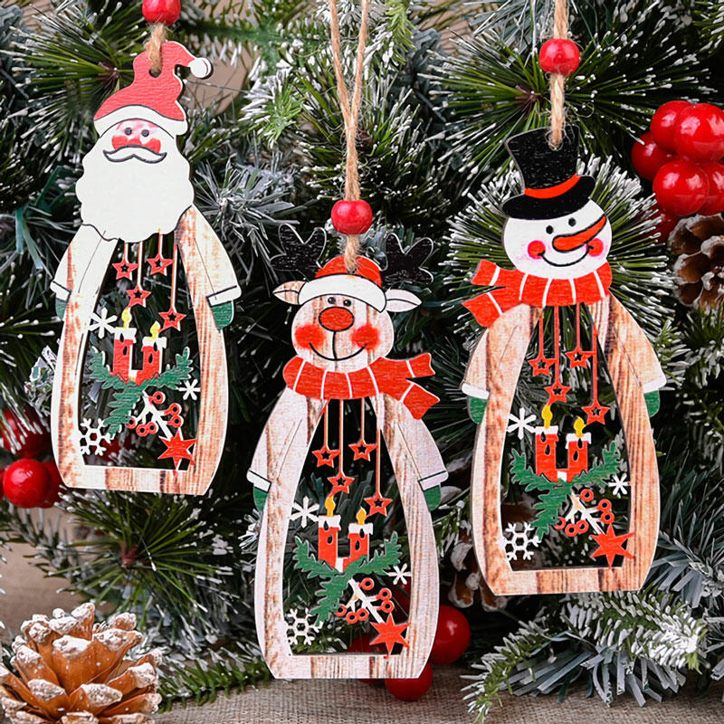 Christmas Snowman Snowflake Hollow Out Wooden Tree Hanging Ornament
