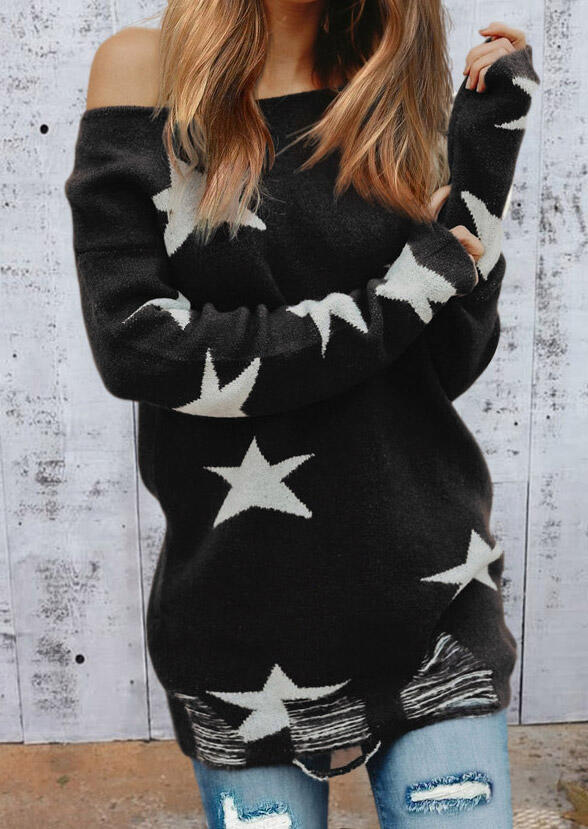 

Sweaters Star Hollow Out Ripped Long Sleeve Sweatshirt in Black. Size