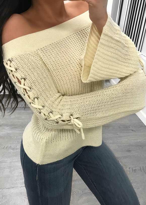 Lace Up Knitted Flare Sleeve Sweater - Apricot