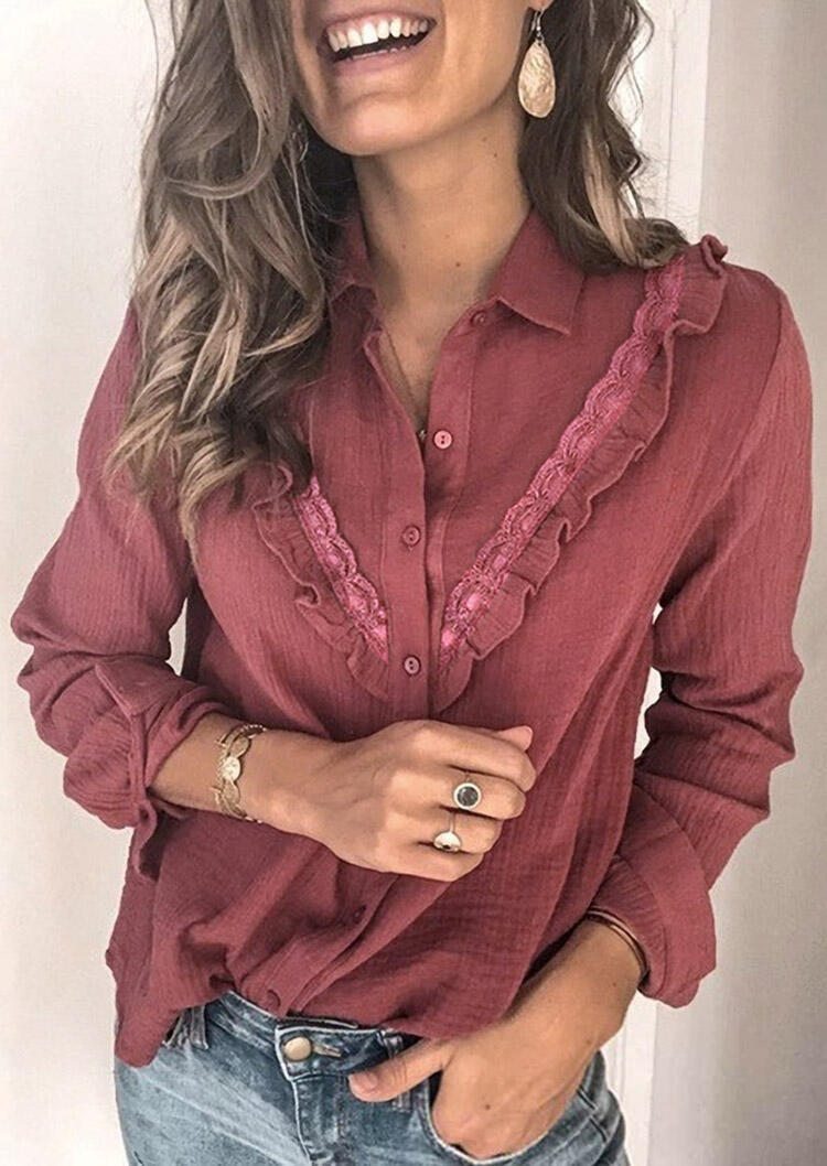 

Lace Splicing Ruffled Turn-Down Collar Shirt - Brick Red, 486817
