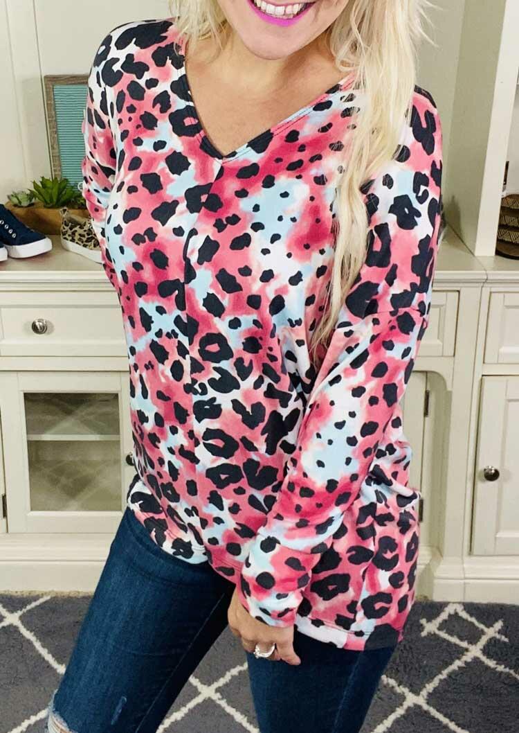 

Colorful Leopard Long Sleeve V-Neck Blouse, Multicolor, 486841