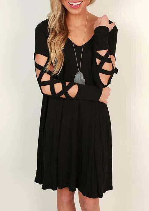 

Mini Dresses Hollow Out Long Sleeve Casual Mini Dress in Black. Size: S,M,,XL