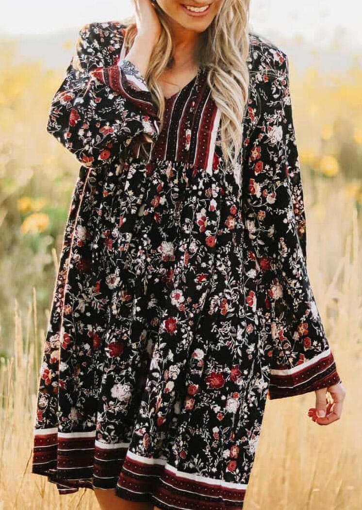 Vintage Floral Hollow Out Tie Long Sleeve Casual Dress