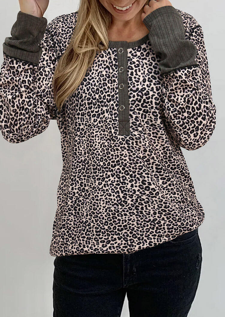 

Blouses Leopard Splicing Button Long Sleeve Blouse in Leopard. Size: ,M,L