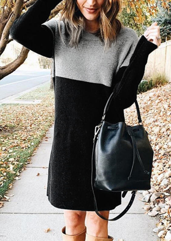Color Block O-Neck Long Sleeve Mini Dress - Black
