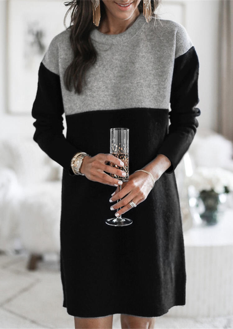 

Mini Dresses Color Block O-Neck Long Sleeve Mini Dress in Black. Size