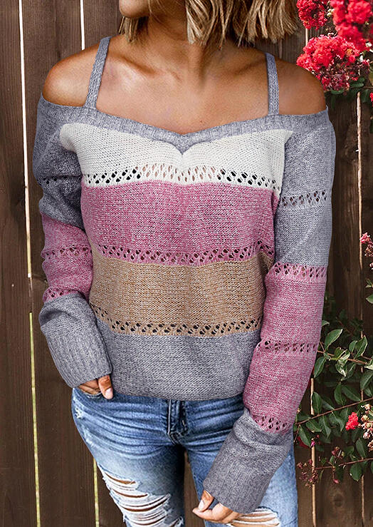 

Color Block Cold Shoulder Knitted Sweater, Multicolor, 486809