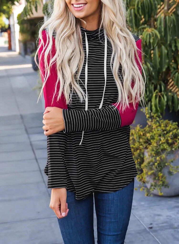 Striped Splicing Drawstring Pullover Hoodie - Rose Red