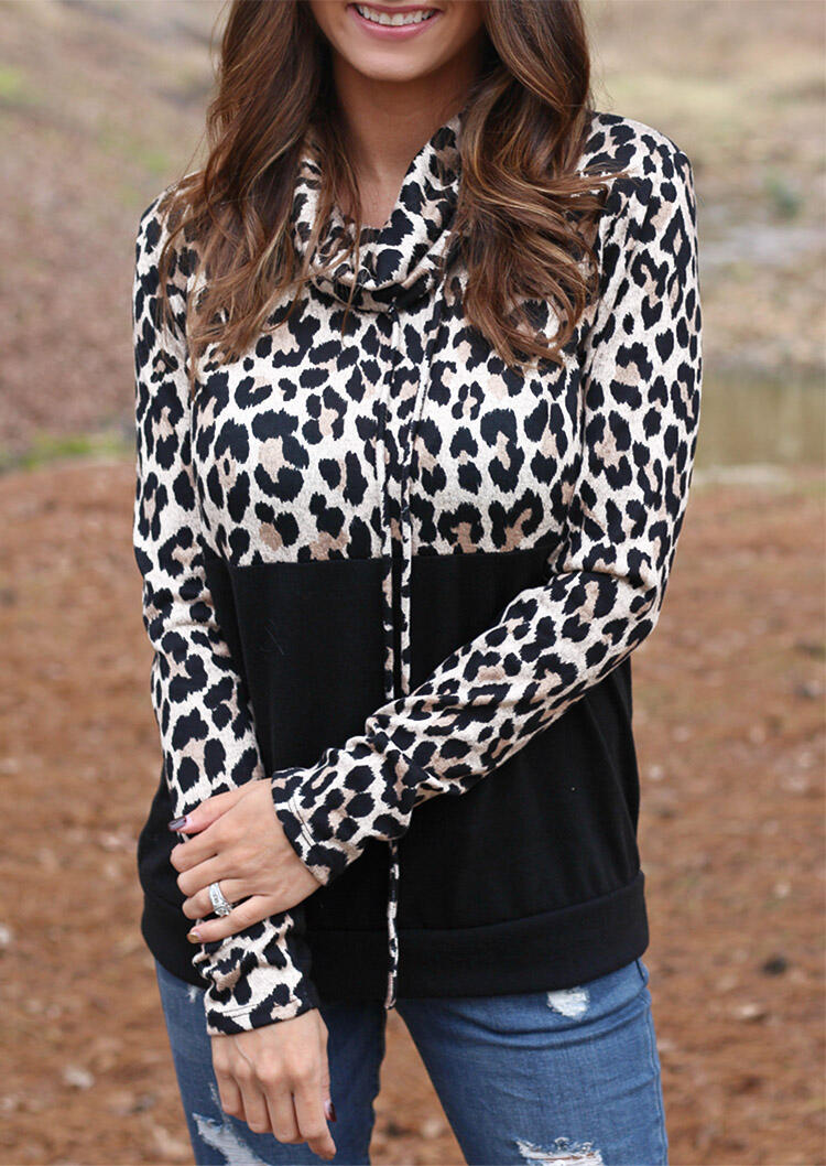 

Leopard Splicing Drawstring Pullover Sweatshirt, 486823